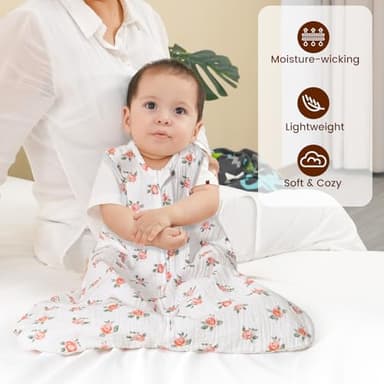 PHF 100% Muslin Cotton Baby Sleep Sacks, 12-18 Months Sleep Sack with 2-Way Zipper, 2 Pack Cooling 0.5 TOG Breathable Large Size Sleeveless Baby Wearable Blanket for Baby Girl, Floral - Image 4