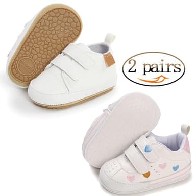 BEIDI Baby Girls Boys Shoes Soft Anti-Slip Sole Newborn First Walkers Star High Top Canvas Denim Unisex Infant Sneaker (G/2Pairs Heart+White,0-6 Months) - Image 2