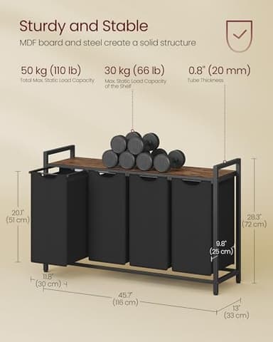 VASAGLE Laundry Hamper, Laundry Basket, Laundry Sorter with 4 Pull-Out and Removable Bags, Shelf, Metal Frame, 4 x 10.6 Gallons (40 L), 45.7 x 13 x 28.4 Inches, Ink Black and Rustic Brown UBLH401B01 - Image 5