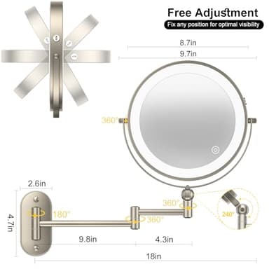 9" Wall Mounted Lighted Makeup Mirror,4000mAh Rechargeable Double Sided 1X/10X Magnifying Mirror with Light,3 Color Lights,Touch Dimmable,Extended Arm 360 Rotation Wall Mounted Makeup Mirror - Image 2
