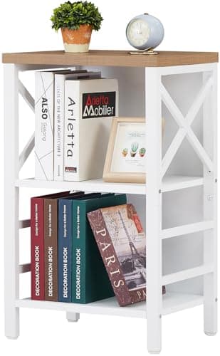 MNEETRUNG Small Bookshelf,3 Tier Industrial Bookcase with Metal Frame and Backboard,Low White Book Shelf,Book case for Small Spaces,Living Room,Bedroom and Home Office - Image 1