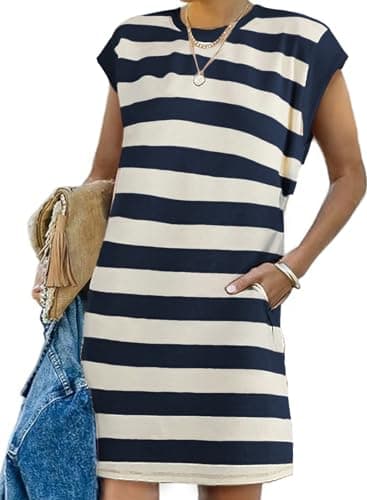 AlvaQ Dresses for Women 2025 Summer Casual Loose Sleeveless Colorblock Short Mini Dress with Pocket Blue Small - Image 1