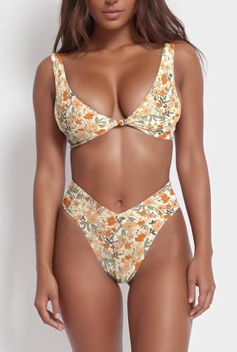 Women's OldLace Floral Bikini Swimsuit Cheeky V Cut High Waisted 2 Piece Bathing Suit M - Image 2