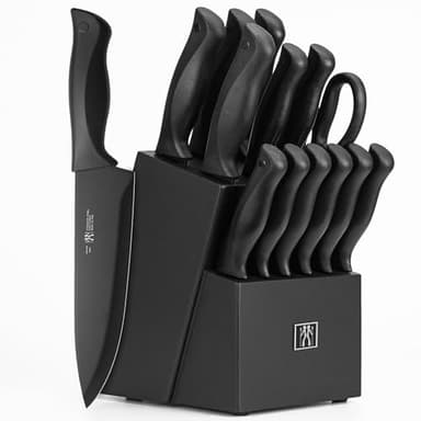 Knife Set, HUNTER.DUAL 15 Pcs Kitchen Knife Set with Block Self Sharpening, Dishwasher Safe, Anti-slip Handle, Black - Image 1