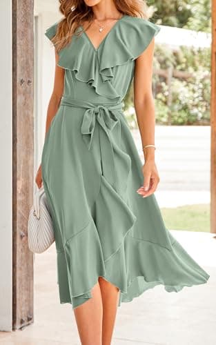 PRETTYGARDEN Short Sleeve Wrap V Neck Ruffle Summer Dress for Women Wedding Guest Dresses for Women 2025 Satin Midi Dresses (Light Green,XX-Large) - Image 4
