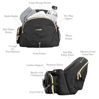 Tushbaby The Original Safety-Certified Hip Carrier for Babies & Toddlers: Machine Washable Child Waist Seat with Pocket Storage, As Seen on Shark Tank (23”-44” waist, 0-3 yrs up to 45lbs) – Black/Gold - Image 4