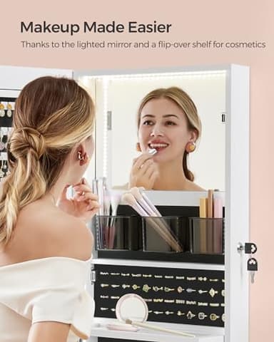 SONGMICS 55 Inches Tall Spacious Jewelry Cabinet, Jewelry Armoire with Light-Up Interior Mirror, Wall or Door Mounted Jewelry Storage Organizer, Lockable, Gift Idea, Cloud White UJJC032W01 - Image 7