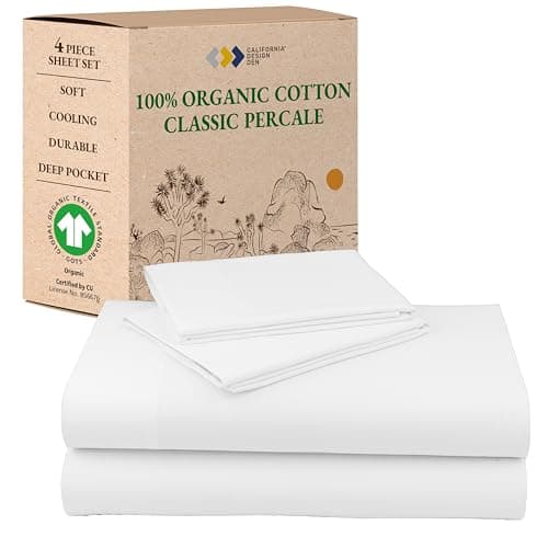 California Design Den Queen Sheet Set - Soft 100% Organic Cotton Sheets with Deep Pockets, Crisp Percale, Breathable and Durable Bedding Set - White - Image 1