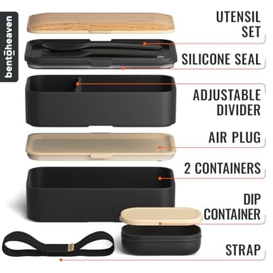 Bentoheaven Premium Bento Box Adult Lunch Box with Compartments for Women & Men, Set of Utensil & Chopsticks & Dip Container, Cute Japanese Kids Bento Lunch Box, Microwavable (Symph Onyx) - Image 3