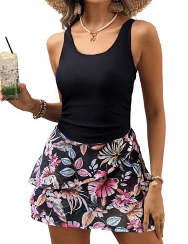 VIMPUNEC Women One Piece Swim Dress Swimsuit Tummy Control Modest Swim Skirt Bathing Suit Floral Black M - Image 1