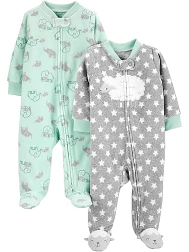 Simple Joys by Carter's Baby 2-Pack Neutral Fleece Footed Sleep and Play, Grey Stars/Mint Green Elephant, 6-9 Months - Image 1