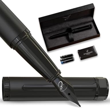 Ellington Pen Luxury Fountain Pen Set - Fountain Pens For Writing - Smooth Medium Nib - Includes Refillable Ink Converter, 3 Ink Cartridges, Gift Box - Calligraphy, Journaling, Sketching (The Stealth) - Image 1