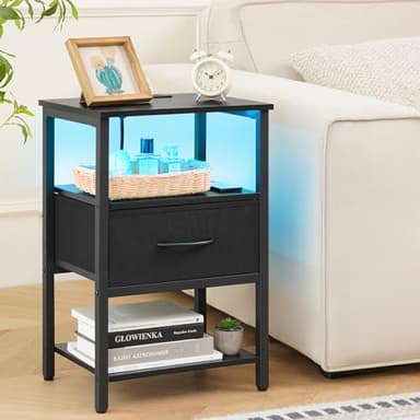 Yoobure Side Table with Storage, LED Night Stand with Charging Station, End Tables Living Room, Nightstand for Bedroom with Adjustable Fabric Drawer, 3-Tier Wood Bedside Table, Black - Image 2