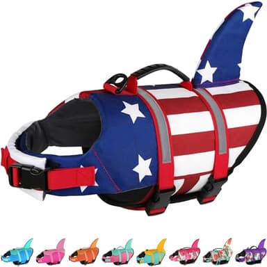 Dogcheer Dog Life Jacket Shark, American Flag Dog Life Vest with Reflective Stripes & Rescue Handle, Adjustable High Buoyancy Puppy Swim Float Vest for Small Medium Large Dogs(USA Flag, M) - Image 1