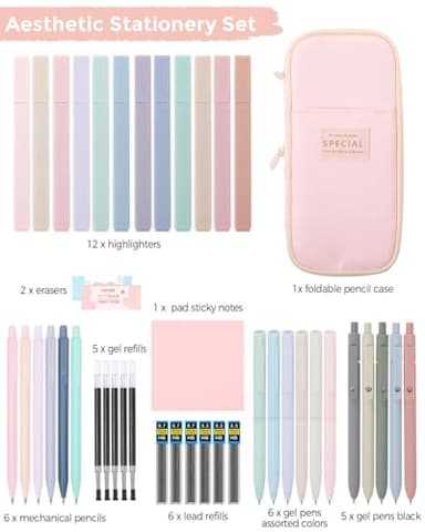 SKYDUE Cute School Supplies 44 PCS, Aesthetic Pencil Case with 12 Pastel Highlighters, 5 Black Gel Pens, 6 Color Gel Pens & Mechanical Pencils, College Essentials Students Stationary Set Pink - Image 4
