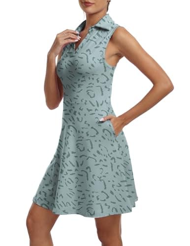 FKEEP Women's Golf Tennis Dress V-Neck with Shorts and Pocket Workout Athletic Dresses (Green Leopard, XL) - Image 1