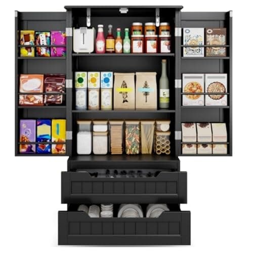 Gizoon Kitchen Pantry Storage Cabinet with Drawers Freestanding Bathroom Storage Cabinets with Doors and Shelves, 47" Small Food Pantry Cabinet for Dining Room Craft Room, Black - Image 1