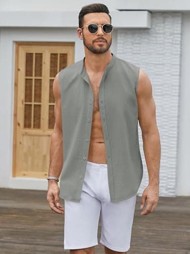 hawalili Men's Button Down Sleeveless Shirts Summer Beach Tank Tops Casual Textured Tank T-Shirt Dark Gray - Image 3