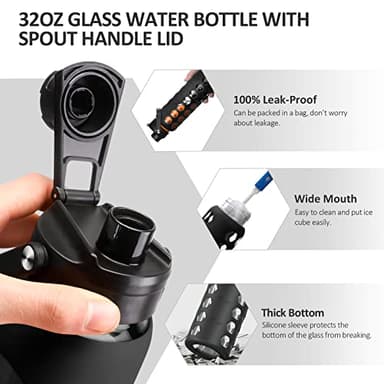 MUKOKO 32oz Glass Water Bottles with 2 Lids-Handle Spout Lid&Bamboo Straw Lid, Motivational Water Tumbler with Time Marker Reminder and Silicone Sleeve, Leakproof-Black-1 Pack - Image 6