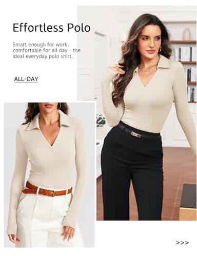 Meetrendi Womens Long Sleeve Work Shirt V Neck Polo Shirts Business Casual Office Top Fitted Basic 2025 Fall Outfit Beige - Image 2