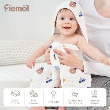 FIEMOL Baby Bath Towels, 100% Muslin Cotton Hooded Baby Towels for Newborn, 2 Pack Baby Towels with Hood for Infant Toddler and Kids, Large 32x32Inch, Soft and Absorbent - Image 7
