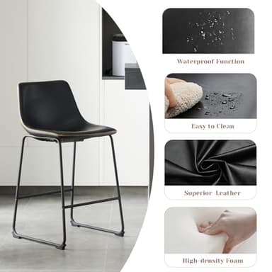 Sweetcrispy Counter Height Bar Stools Set of 2, 26 inch Height Stool Faux Leather Barstools with Back, Armless Kitchen Island Countertop Comfortable Modern Chairs with Metal Legs - Classic Black - Image 4