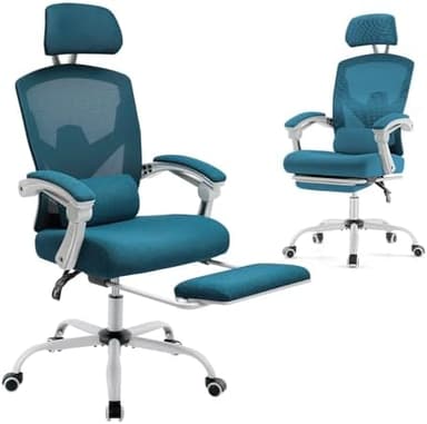 DUMOS Home Office Desk Chair with Footrest, High-Back Mesh Rolling Swivel Reclining Chairs with Wheels, Comfortable Headrest, Lumbar Support, Comfy Arms for Home, Office, Gaming, Student, Elegant Blue - Image 3