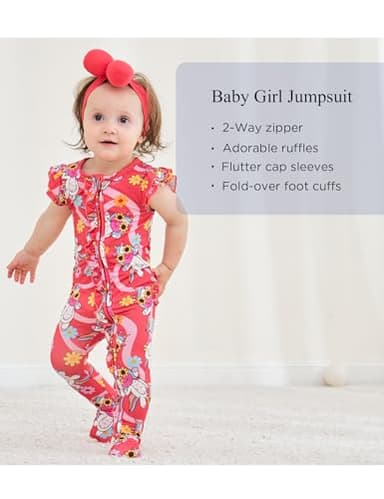 EASWEET Baby Girl Bamboo Viscose Ruffle Romper Zipper Jumpsuit, Footless, Cap Sleeve Infant Clothes, Unicorn Frolics, 0-3 Months - Image 2