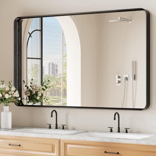 Koonmi Black Wall Mirror for Bathroom, 30x48 Inch Matte Deep Framed Rounded Rectangle Vanity Mirror for Farmhouse Living Room, Tempered Glass, Anti-Rust, Vertically or Horizontally - Image 1