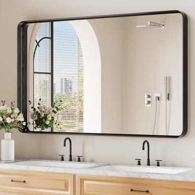 Koonmi Black Wall Mirror for Bathroom, 30x48 Inch Matte Deep Framed Rounded Rectangle Vanity Mirror for Farmhouse Living Room, Tempered Glass, Anti-Rust, Vertically or Horizontally - Image 1