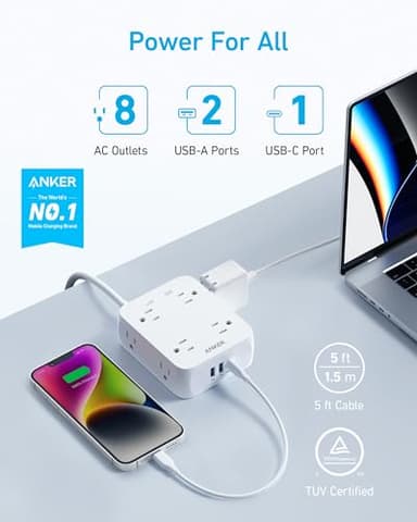 Anker Power Strip with USB Ports,5Ft,Surge Protector(2000J),8 Widely Outlet Extender, 2 USB-A Ports and 1 USB-C Port, Works with iPhone 16/16 Plus/16 Pro/16 Pro Max,for Home, Office, TUV Listed - Image 2