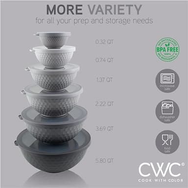 COOK WITH COLOR Mixing Bowls with Lids - 12 Piece Plastic Nesting Bowls Set includes 6 Prep Bowls and 6 Lids, Non Slip Bottom and Embossed Design - Microwave Safe (Grey) - Image 2