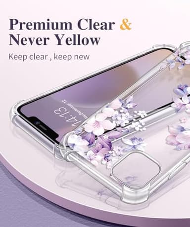 GVIEWIN for iPhone 11 Case with Screen Protector + Camera Lens Protector, [Not-Yellowing] Clear Soft TPU Shockproof Protective Cover for Women Girls Flower Pattern Phone Case 6.1"(Foliolosa/Purple) - Image 3