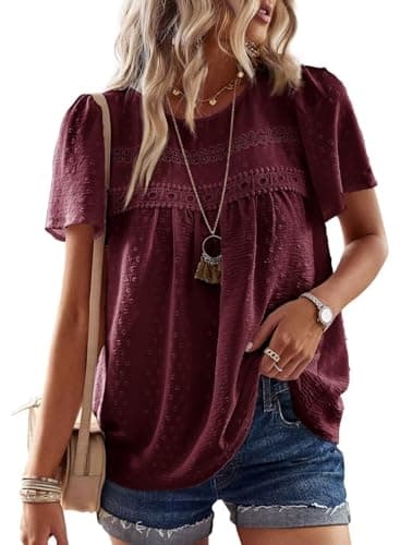 Falechay Mulberry Tops Chiffon Flowy Swiss Dots Blouses for Women Cute Boho Pullover Round Neck Short Sleeve Loose 2025 XL - Image 1