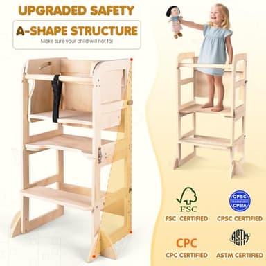 Woodure 6 in-1 Toddler Kitchen Step Stool with Wooden Stool, Foldable Learning Standing Tower with Blackboard & Feeding Tray, Wooden Kitchen Stool Helper for Kids, 1-3 Year Old Boy Girl Gifts - Image 3