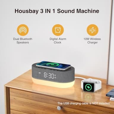 HOUSBAY Sound Machine with Alarm Clock for Bedrooms, Dual Speakers, 21 HiFi Sounds, 10W Wireless Charger, Unlimited Sound, Bluetooth, 10 Night Light, White Noise Machine for Sleeping, Black - Image 2