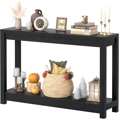 Besiost 47" Farmhouse Wood Entryway Table Narrow Console Table with Storage Behind Couch Sofa Table with Shelves for Entry Way with Open Storage, Easy Assembly, Embossed Wood Grain Black - Image 1