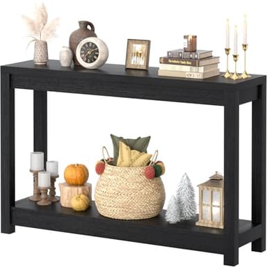 Besiost 47" Farmhouse Wood Entryway Table Narrow Console Table with Storage Behind Couch Sofa Table with Shelves for Entry Way with Open Storage, Easy Assembly, Embossed Wood Grain Black - Image 1