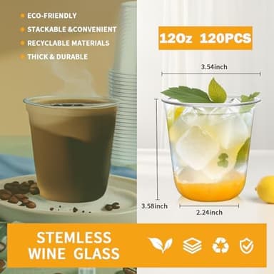 120 Pcs Disposable Stemless Glasses 12oz Plastic Cups Disposable Cold Party Drinking Cups Wine Glasses for Meeting Weddings Birthdays Cocktail Christmas Party Supplies (Clear - Image 4