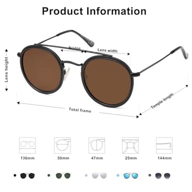 SOJOS Retro Vintage Round Polarized Sunglasses for Women Men Small Double Bridge Circle Sunnies SJ1104, Shiny Black/Brown - Image 4
