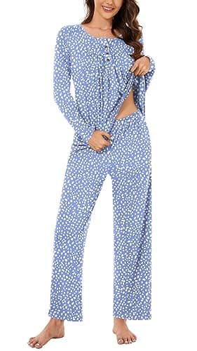 Bestbee Womens Pajama Set Plus Size, 2 Piece Lounge Outfits Pleated Sleepwear Sets Long Sleeve With Pockets Ladies Pjs, 2XL, Spotted Blue - Image 3