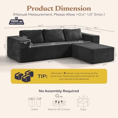 Furnify 106" Modular Sectional Sofa with L-Shape Chaise, Right/Left Facing Deep Seat Cloud Couch, No Assembly Required, Upholstered Couch for Living Room Bedroom (Plush Corduroy Fabric, Black) - Image 3