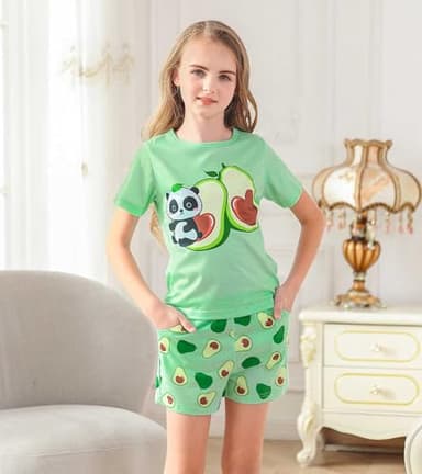 uideazone Pajamas for Girls Size 9-10 Cute Acocado 3 Pieces Nightwear Kids Pjs Set Cute Tank Top Shorts Sleepwear Soft Loungewear - Image 5