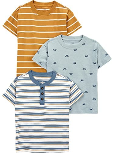 Simple Joys by Carter's Baby Boys' 3-Pack Short-Sleeve Tee Shirts, Dusty Blue/Gold Stripe/Tapestry Blue Stripe, 7 - Image 1
