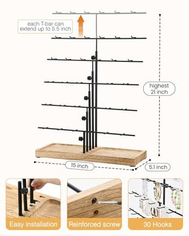 HULISEN Earring Display for Vendors, Adjustable Height Earring Display Stands for Selling, Jewelry Display for Earring Card, Earring Rack Display Holder with Tray, 30 Hooks, Carbonized Brown - Image 4