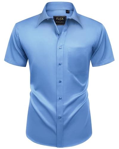 Alimens & Gentle Mens Short Sleeve Dress Shirts Wrinkle Free Solid Casual Button Down Shirts with Pocket, Indigo Blue, 4X-Large - Image 1