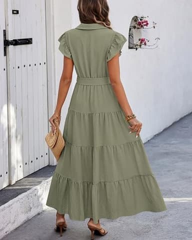 dowerme Women's Summer Casual Dresses 2025 Cap Ruffle Sleeve V Neck Button Belted Tiered Boho Maxi Dress with Pockets(Grey Green,Medium) - Image 5
