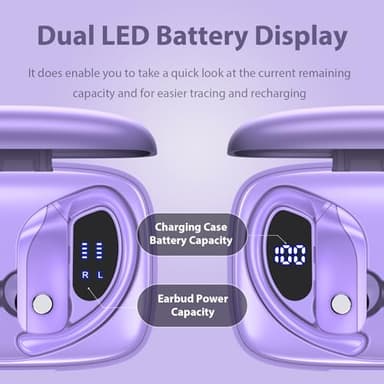 bmanl Wireless Earbuds Bluetooth Headphones 48hrs Play Back Sport Earphones with LED Display Over-Ear Buds with Earhooks Built-in Mic Headset for Workout Purple - Image 2