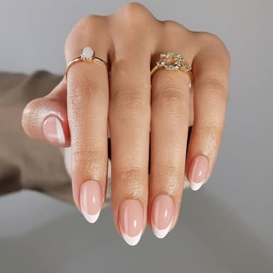 SHANGMENG White French Tip Press on Nails Short - Soft Gel Almond Press on Nails for Women Gift, Fit Perfectly & Natural Glue on Nails in 16 Sizes - 32 Reusable Fake Nails with Glue, French White - Image 1