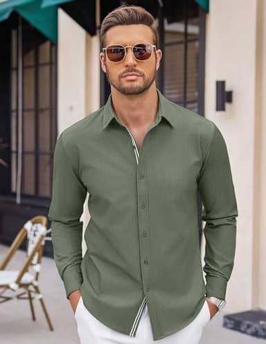 COOFANDY Men's Denim Shirts Business Casual Shirts for Men Spring Shirt, Army Green, X-Large - Image 3